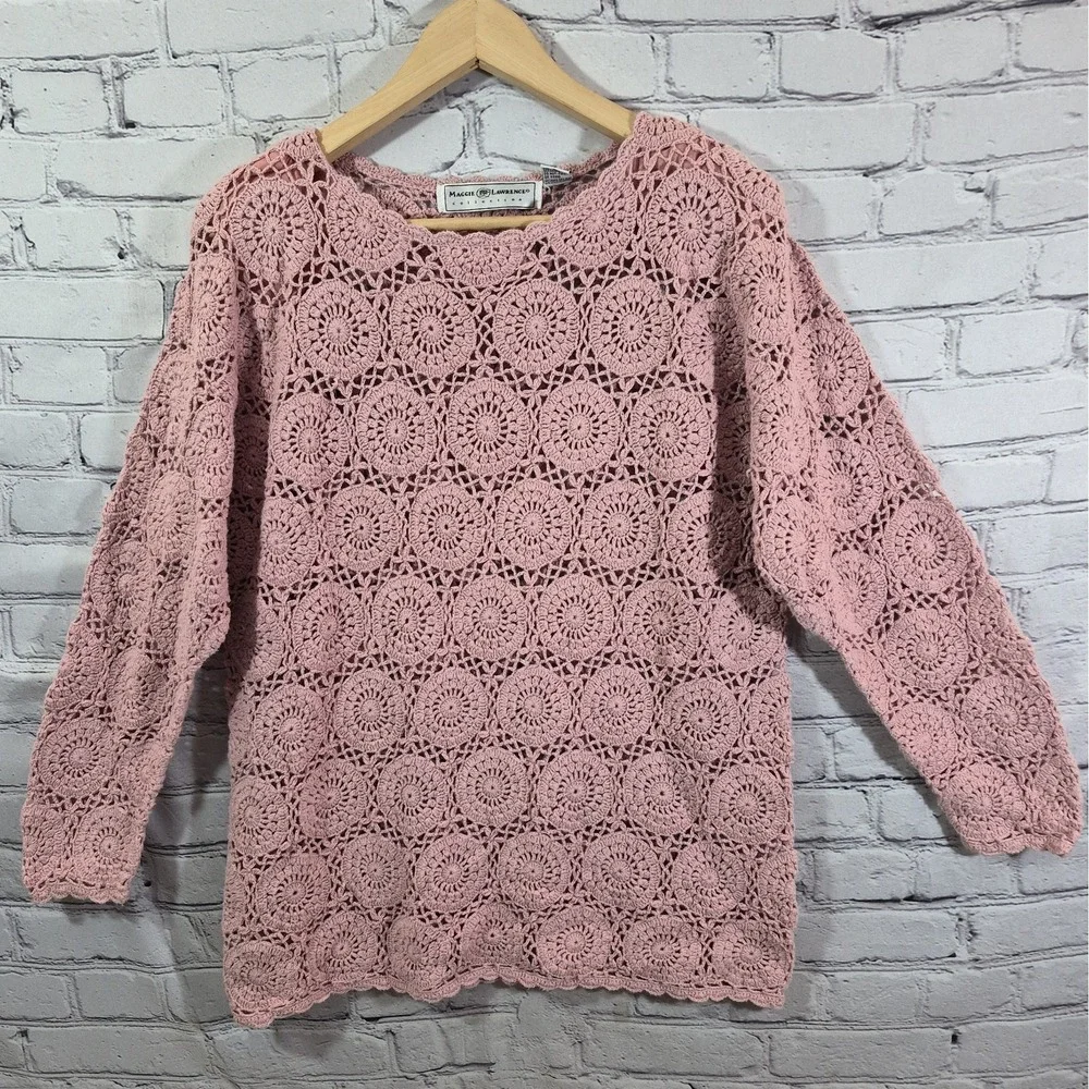 Vintage Crochet Sweater Womens L Blush Pink Mandala Coquette Coastal Pullover
